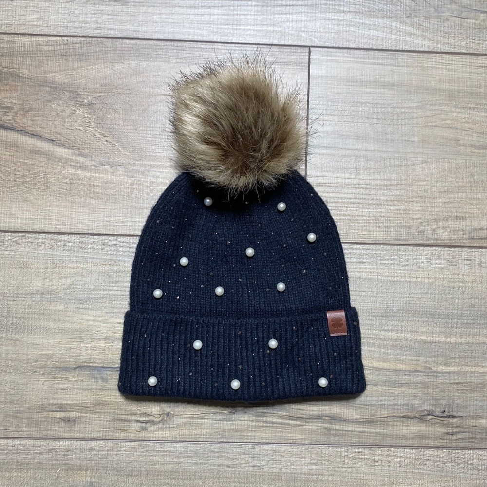 Lucky Brand Womens Embellished Faux Pearl Faux Fur Pom Pom Beanie One Size Black